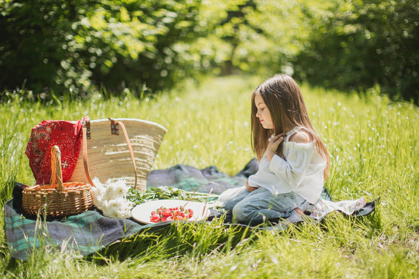 little girl on a summer picnic in nature with berries and fruits - Photo, image