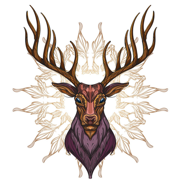 Deer head with decorative ornament of leaves. Hand drawn, sketch style. Vector illustration isolated on white background for printing on T-shirts, posters, tattoos and other items. - Vektori, kuva