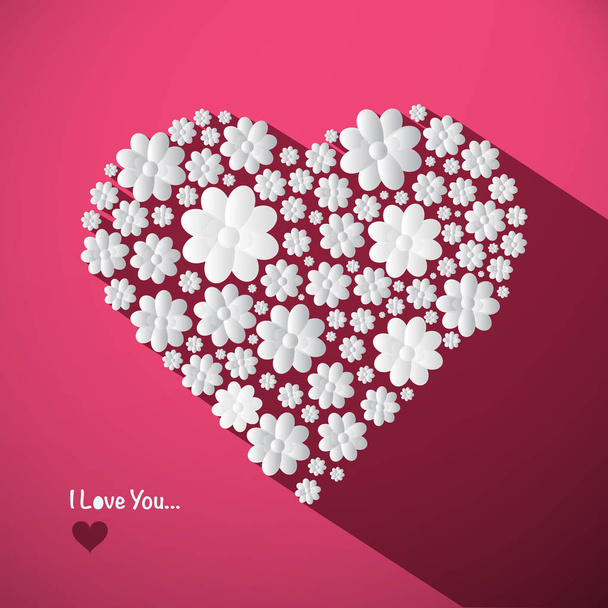 I Love You Concept with Big Heart Made from Paper Cut Flowers on Pink Background. Símbolo de romance
. - Vector, Imagen