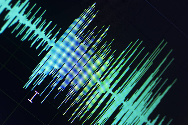 Audio sonido onda estudio edición programa de computadora pantalla muestra sonidos en la pantalla de grabación vocal de voz en off
. - Foto, Imagen