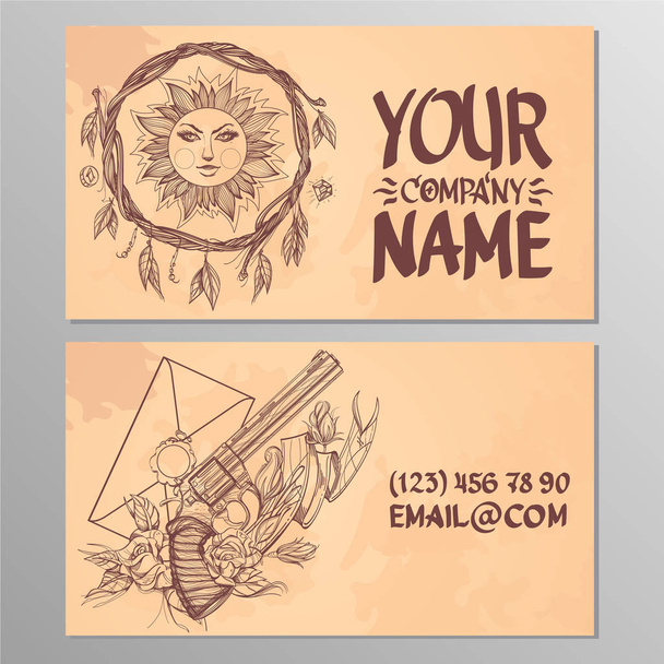 Cards with the image of a wreath made of twigs, a sun and a pistol. Templates for creating business cards, posters, advertising pages. - Vector, Image