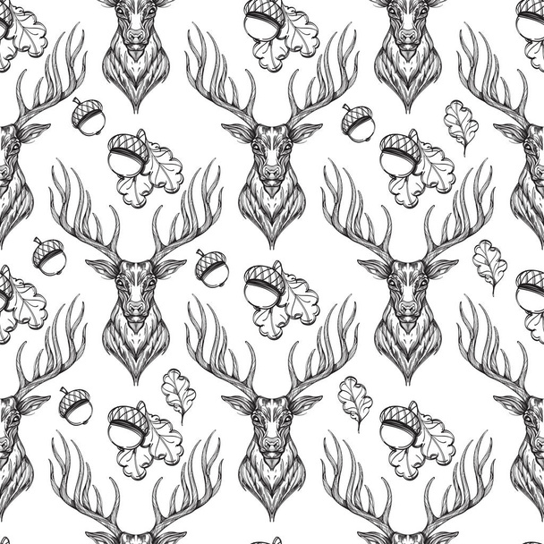 Seamless pattern with deer heads and acorns on white background. Vector image for wallpaper, textile, web page background and more. - Вектор,изображение