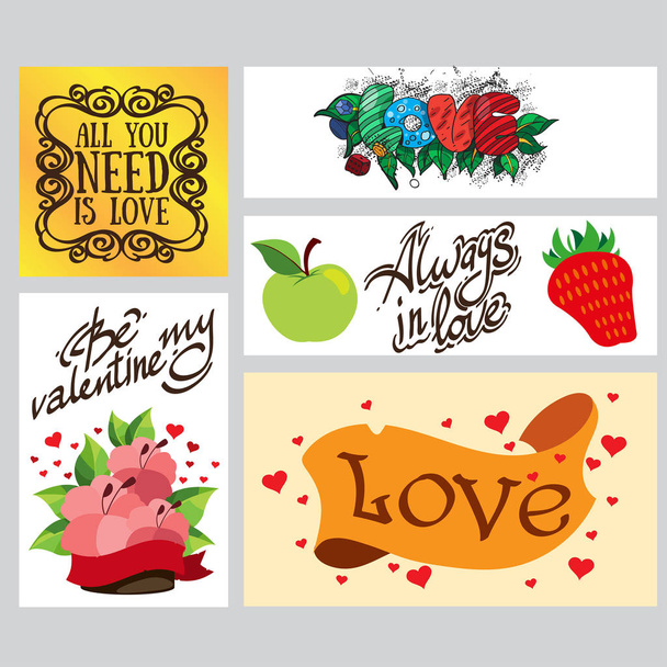 set of colorful cards, banners and leaflets for decoration of gifts on Valentine's Day - Vector, Image