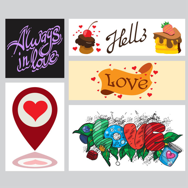 jogo de cartões coloridos, estandartes e folhinhas da decoração de presentes no Dia de Valentim
 - Vetor, Imagem