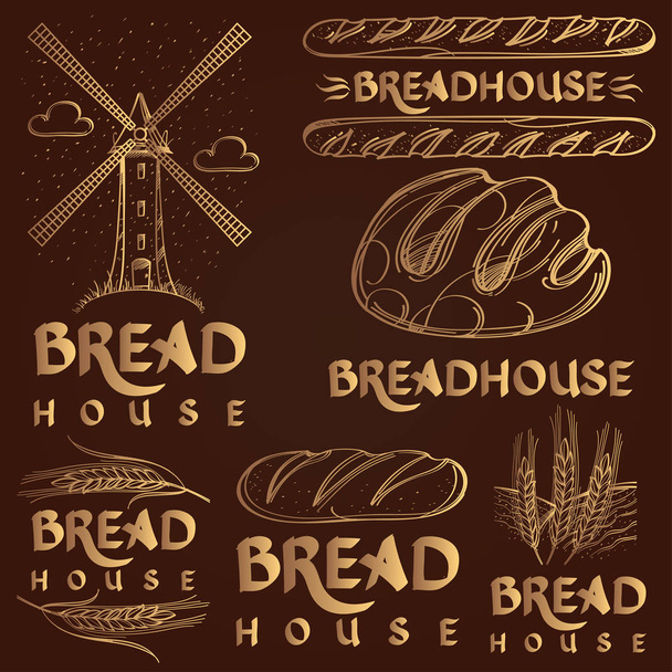Набор векторных элементов пекарни и рукописные винтажные надписи. Монохромная иллюстрация с мельницей, хлебом, буханкой и ржаным хлебом или пшеницей на тёмном фоне
 - Вектор,изображение