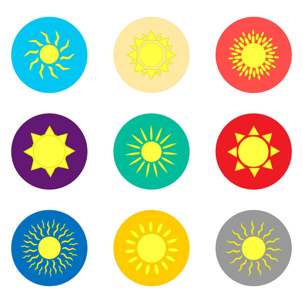 Vector icon illustration logo for set symbols hot yellow sunny sun with rays. Sun pattern consisting of flat design with elements mobile web apps. Collection modern infographic summer icons suns. - Vector, Image