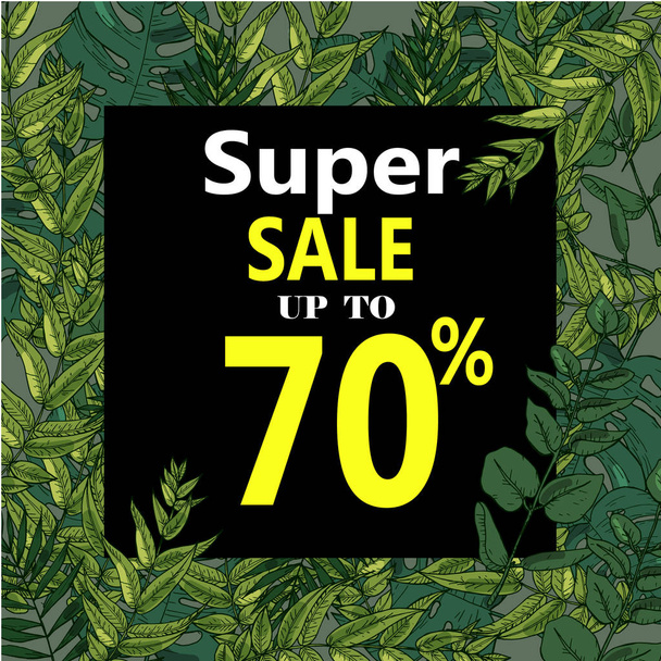 Sale banner, poster with palm leaves, jungle leaf and handwriting lettering. Floral tropical summer background. Vector illustration EPS10 - Vector, Imagen