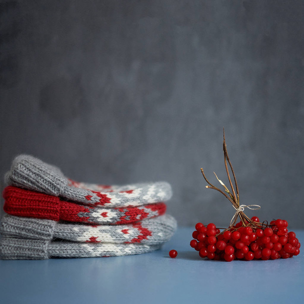 Vier gebreide winter hoeden met rode bessen - Foto, afbeelding