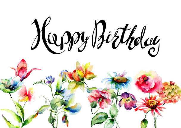 Wild flowers with title Happy Birthday, watercolor illustration, Template for greeting card with calligraph - Φωτογραφία, εικόνα