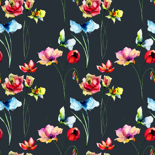 Seamless wallpaper with wild flowers, Watercolor paintin - Φωτογραφία, εικόνα