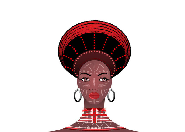 Tocado de tribu africana Zulú femenino, retrato de una linda mujer sudafricana. Ropa típica para mujeres casadas, muchacha joven de la nación bantú. Cara afro tribal pintada con joyas étnicas. Vector aislado o fondo blanco
  - Vector, Imagen