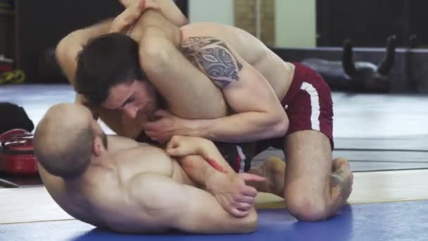 Musculoso guapo joven kickboxer haciendo ejercicio con su entrenador
 - Imágenes, Vídeo