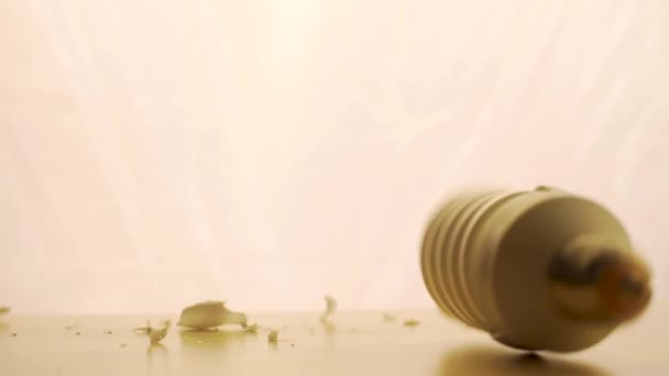 Energy-saving fluorescent light breaks on the surface. The drop to the surface. White background. - Imágenes, Vídeo