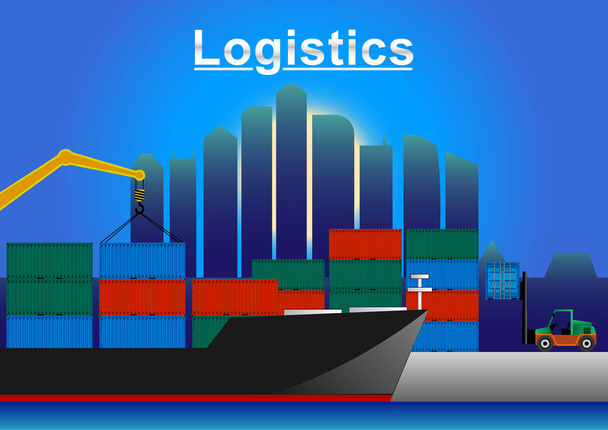 Logistieke zee vracht achtergrond met geladen schip containers kraan en heftruck. - Vector, afbeelding