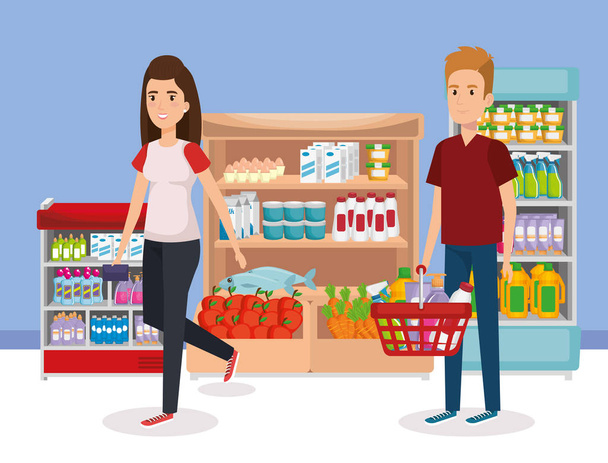 estanterías de supermercados con gente comprando
 - Vector, imagen