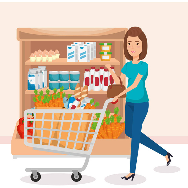 nő vásárol a szupermarketben álványok, polcok - Vektor, kép