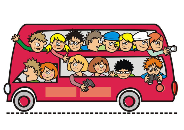 Kiertoajelu bussi, ryhmä ihmisiä, retki, hauska vektori kuvake
 - Vektori, kuva