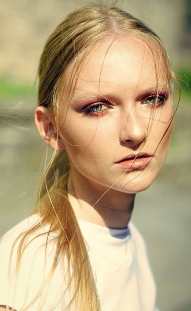Sensual woman. Look of pretty woman with eye makeup. Look, girl with young skin face, skincare, youth - Fotoğraf, Görsel