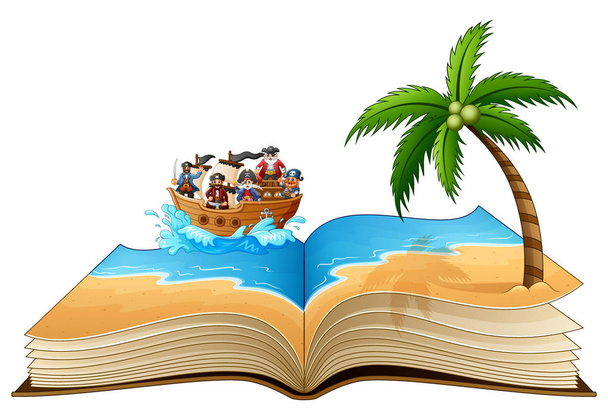 Ilustracja wektorowa z otwartą książkę z grupą piratów na plaży - Wektor, obraz