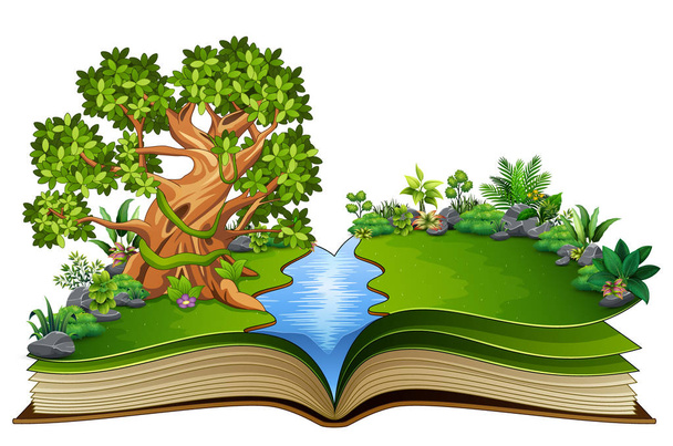 Vektoros illusztráció a nyitott könyv jellegű háttér folyó és a zöld növény - Vektor, kép