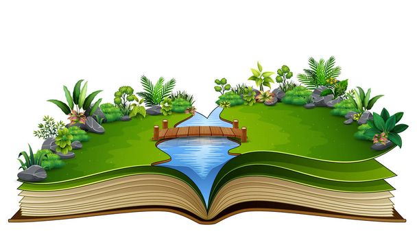 Illustration vectorielle du livre ouvert avec rivière et plante verte de fond de la nature
 - Vecteur, image