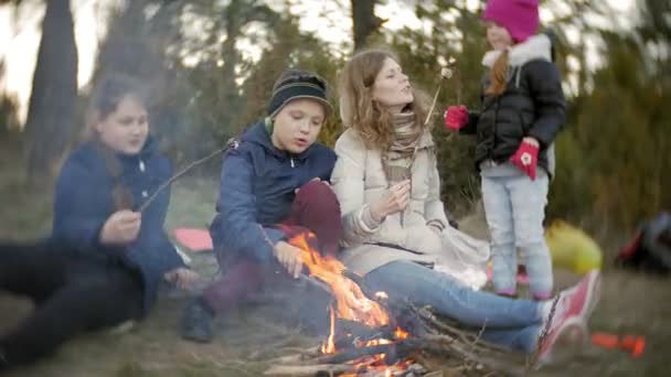 glückliche Familie von Touristen auf einer Reise. Mutter und Kinder braten Marshmallows am Feuer in der Nähe des Zeltes - Filmmaterial, Video