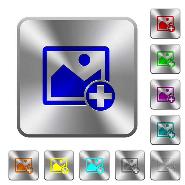 Adicionar novos ícones gravados imagem em arredondados quadrados botões de aço brilhante
 - Vetor, Imagem