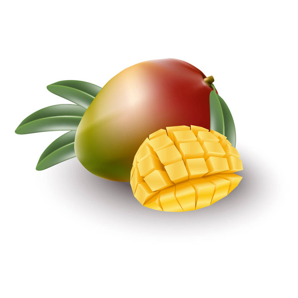 Vektör çizim. 3D gerçekçi taze ve dilimlenmiş mango. - Vektör, Görsel