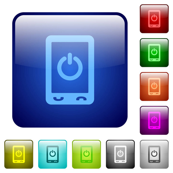 Mobile power off icons in rounded square color glossy button set - Vector, Imagen