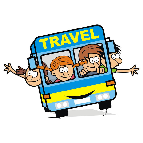 blauwe bus en kinderen, vector pictogram - Vector, afbeelding