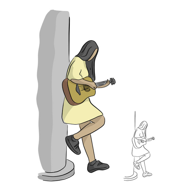 白い背景で隔離の黒い線で描かれたポール ベクトル イラスト スケッチ落書き手にアコースティック ギターを演奏する女性 - ベクター画像