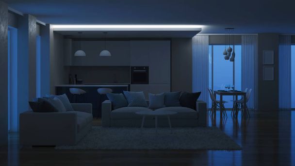 Modern huis interieur. 'S avonds de verlichting. Nacht. 3D-rendering. - Foto, afbeelding