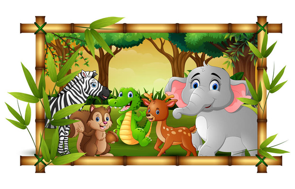 Ilustración vectorial de animales felices en bosque de marco
 - Vector, Imagen