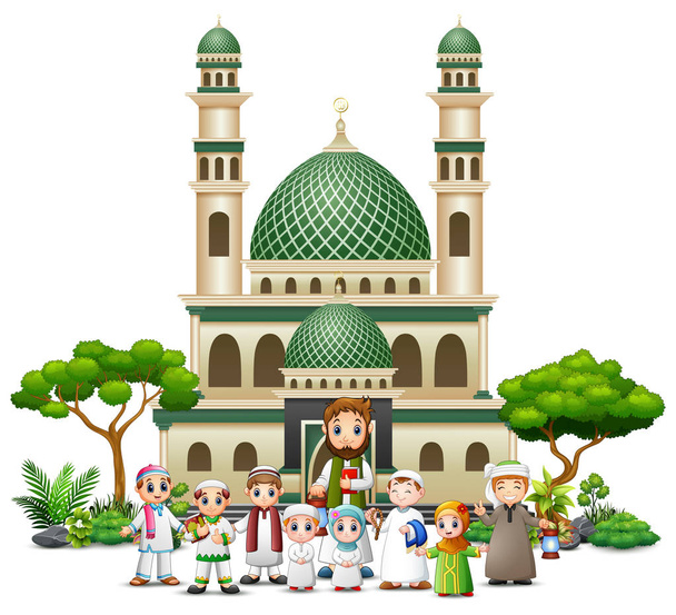 Ilustracja kreskówka szczęśliwych ludzi muzułmańskich przed Meczet - Wektor, obraz