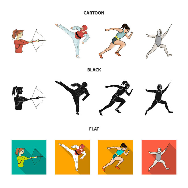 Стрельба из лука, карате, бег, фехтование. Иконки коллекции олимпийских видов спорта в мультипликационной, черной, плоской векторной иллюстрации
. - Вектор,изображение