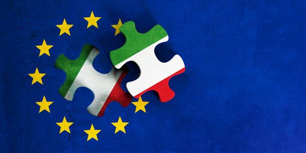Włochy i UE stosunków, koncepcja Italexit. Flaga Unii Europejskiej z flaga Włochy puzzle, kawałek. ilustracja 3D - Zdjęcie, obraz