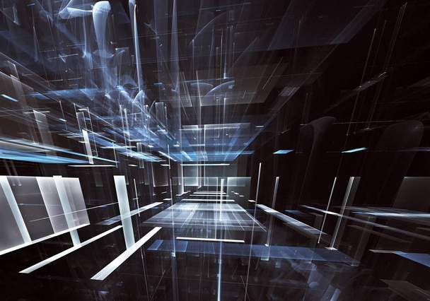Technologie van de toekomst van de abstracte achtergrond - computer-gegenereerde 3d beeld. Fractal Kunst: glas kamer of straat van surrealistische stad met lichteffecten. Hi-Tech of virtuele werkelijkheid concept. - Foto, afbeelding