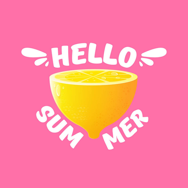 Vector Hello Summer Beach Party Flyer Design template with fresh lemon isolated on soft pink background. Hello summer concept label or poster with orange fruit and typographic text. - Vektor, Bild