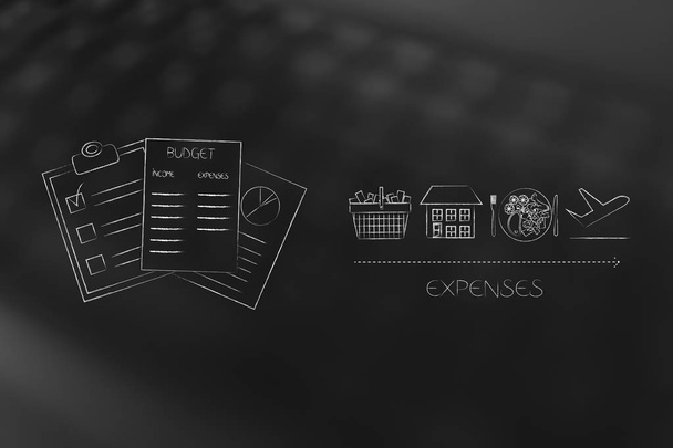 managing your budget conceptual illustration: budgeting documents next to expenses licons ike housing food holidays and shopping - Фото, зображення