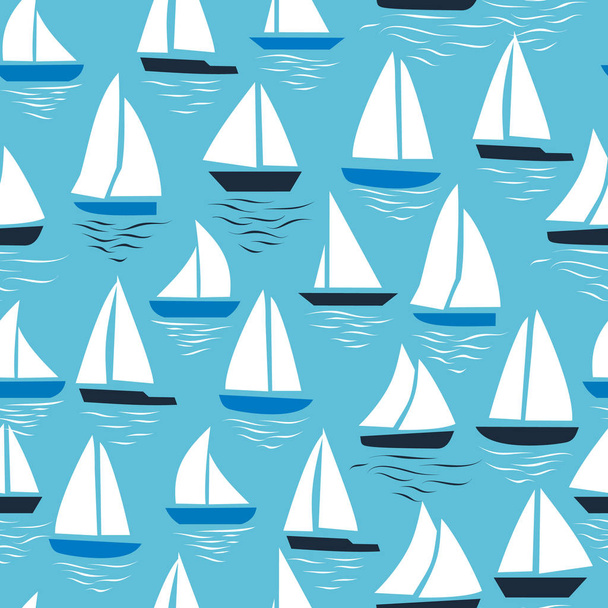 Seamless abstract sea background. Sailboats on blue background. Sea seamless pattern. - Вектор,изображение