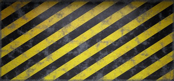 Rusty poškrábaný Grunge nebezpečí pruhované varování prázdné zdi Closeup. 3D vykreslování - Fotografie, Obrázek