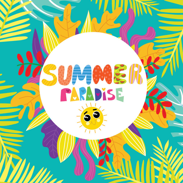 Summer Paradise greeting card.Hand drawn vector illustration with tropic leaves- stock vector - Vektor, kép
