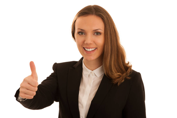 Corporate portrait of young beautiful caucasian business woman showing thumb up as gesture of success isolated over white background - Foto, Imagem