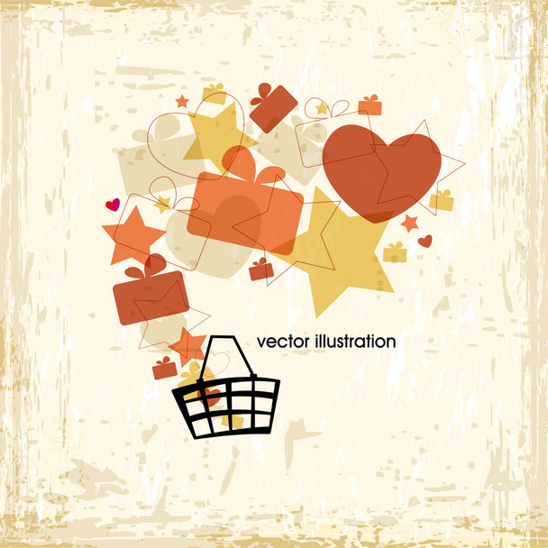 Shopping basket with a lot of gifts, hearts and stars - Vector, afbeelding