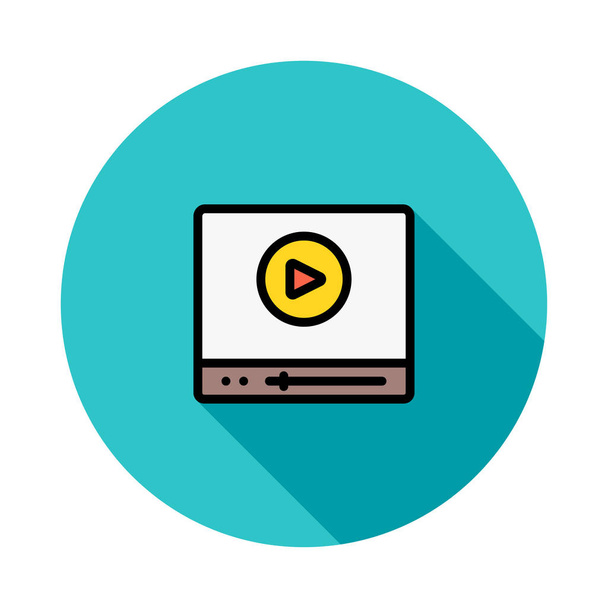 Πολύχρωμο tablet συσκευή σας με κίτρινο και κόκκινο βλέποντας βίντεο κουμπί σε μπλε κύκλο που απομονώνονται σε λευκό φόντο - Διάνυσμα, εικόνα