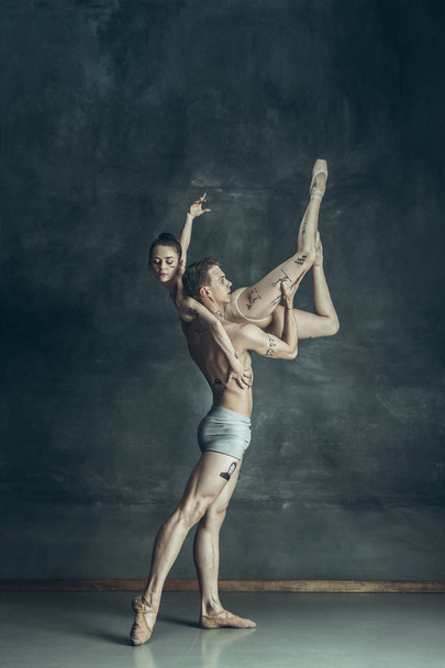 The young modern ballet dancers posing on gray studio background - Zdjęcie, obraz
