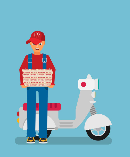 courier holding pizzas order near scooter - Vector, Image