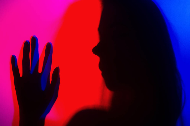 Silhouette of a girl in blue and red colour light wearing lingerie shot through matte glass - Фото, изображение