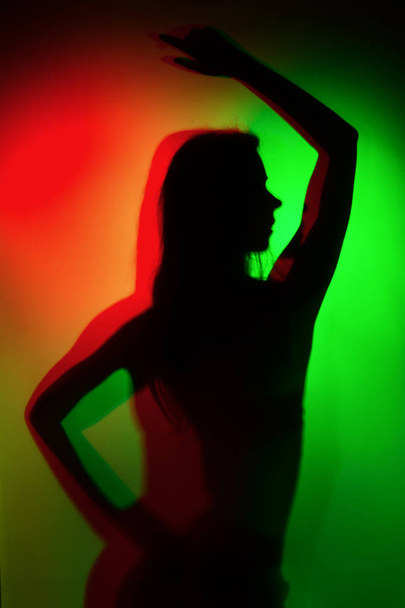 Silhouette of a girl in green and red colour light wearing lingerie shot through matte glass - Foto, Bild