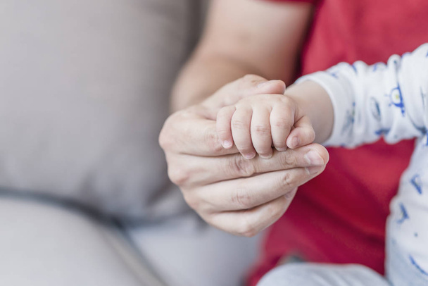 Father's hand holding kids hand. Trust family concept. United family concept. Great and little hand. Baby hand holding by adult. The parent holds the hand of a small child - 写真・画像